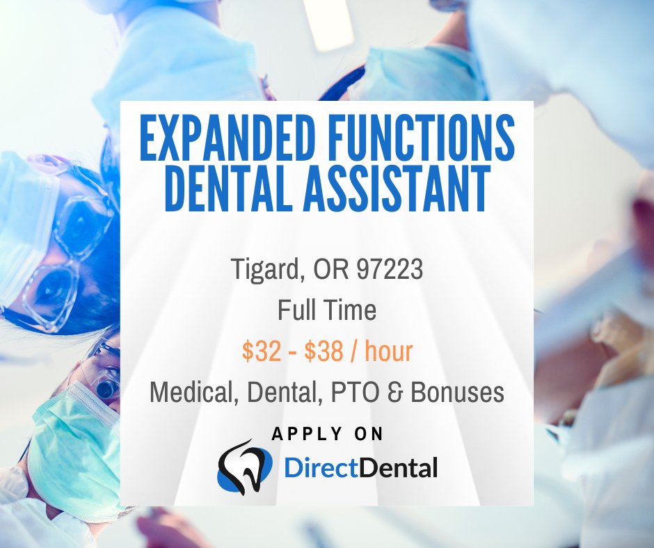 Seeking an Expanded Functions Dental Assistant in the SW Portland area. 
Apply- directdental.com/jobs/740151&ut…
#directdental #dentalassistant #DA #RDA #RDAEF #RDAEF2 #CDA #dentalextern #DAexpandedfunctions #EDDA #DAEF #dentalsterilizationtech #oralsurgeryassistant #orthoassistant
