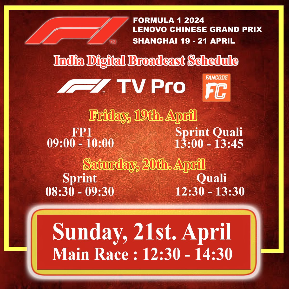 After a gap of 4 years, here's the @Lenovo #ChineseGP 🇨🇳 @F1 #IndiaF1BroadcastSchedule 🇮🇳 via #F1TVPro and #FanCode celebrating their 20th. Anniversary! 🎉🥳🎁🎈🎊

#F1 #China #Shanghai @F1Media @China_Amb_India @fmsci @FanCode #IndianF1Fans #India