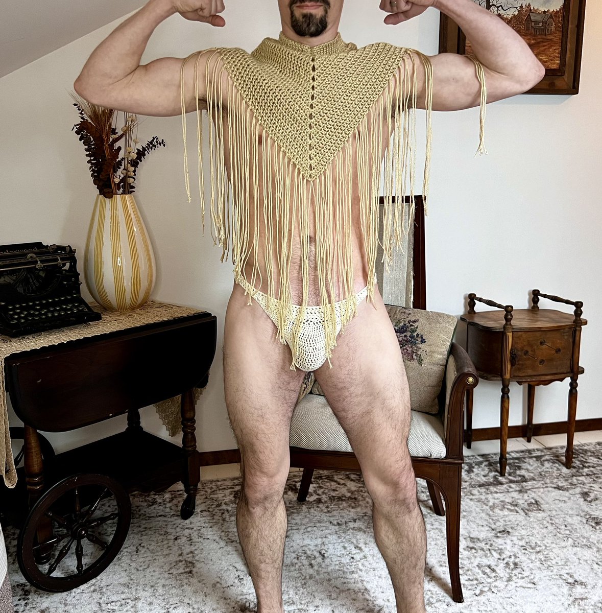 TheCockyCrafter's tweet photo. Made something new!!! Not really sure what it is, but I like it! #sexycrochet #bicrocheter #queercrochet #crochetfringe #crochetthong #crochetunderwear #underwearbulge #mensunderwear https://t.co/5jMnnI5phq