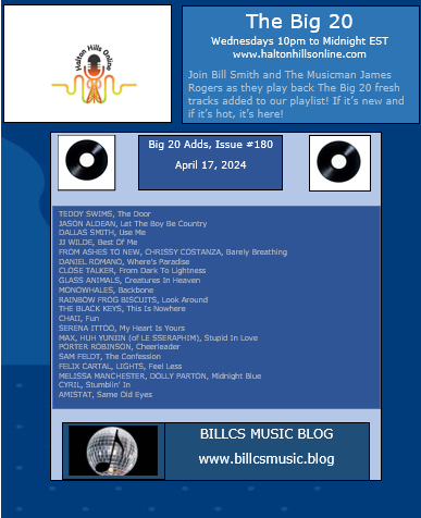 billcs's tweet photo. 1/2 The 2nd part of my new music Wednesdays is announcing all of the new tunes on #TheBig20, which arrives at 10pm EST and has now moved to Halton Hills Radio Online. Join me then for two hours of the freshest new tunes. Links are in the next post. https://t.co/NgKrwTYOed