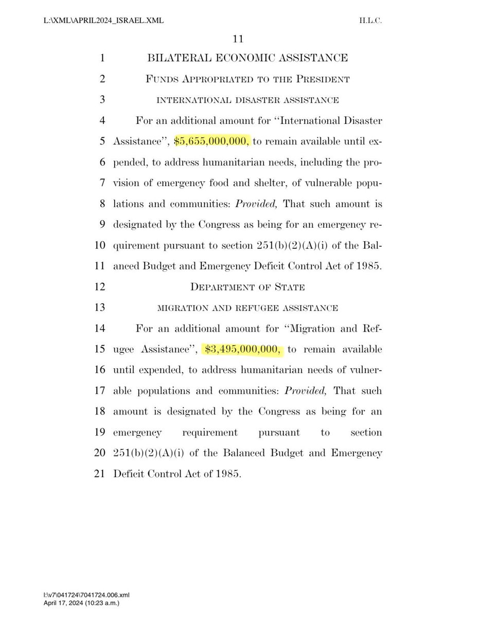 I’m pouring through the pages of the three supplemental funding bills.  Don’t buy what they are selling. Came across this on page 11: ‘‘International Disaster Assistance’’, $5,655,000,000, to remain available until expended, to address humanitarian needs, and ‘‘Migration and