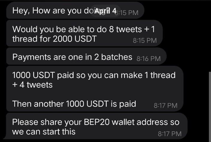 I received $2,000 offer for paid promo tweet for a coin a few days ago. That's literally a year's salary for many people. Still, I ignored that $2k offer because I don't want to earn money from my followers' hard-earned money, and I don't want to make my community an exit