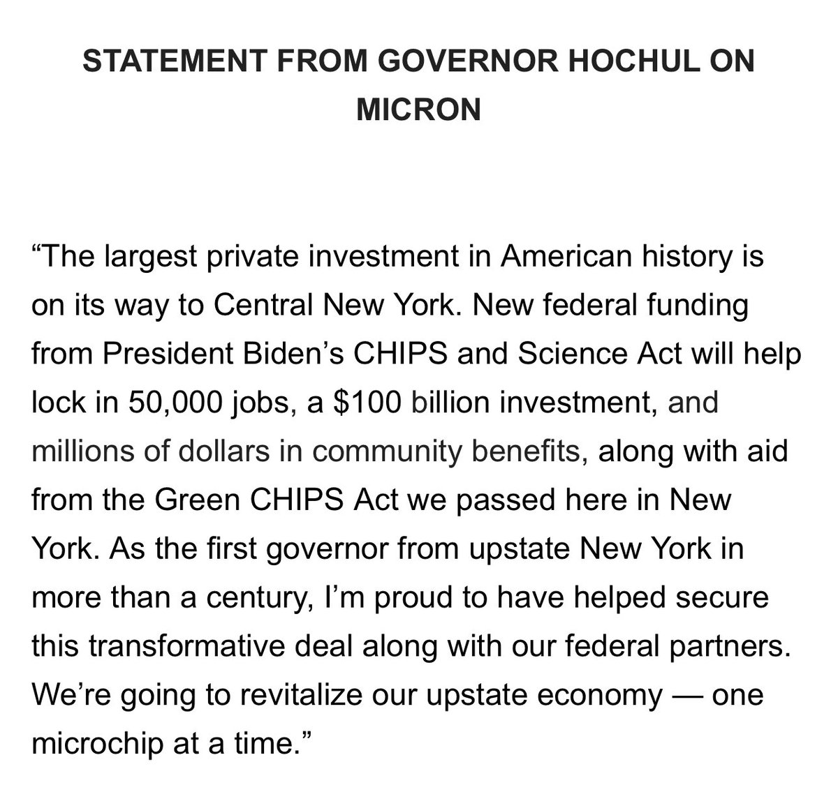 JUST IN: @GovKathyHochul celebrates @MicronTech’s $6.1 billion deal with the federal government in a statement given to @NewsChannel9 first.