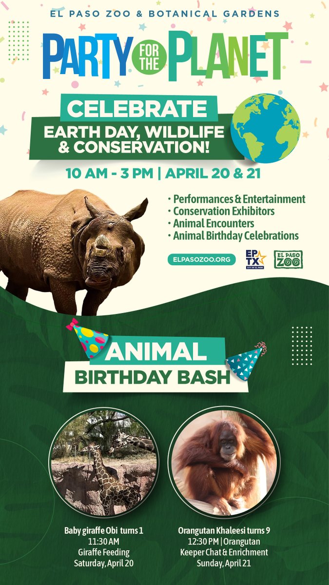 Celebrate Earth Day with Family Activities and Live Entertainment! Visit the El Paso Zoo this weekend (April 20-21) for “Party for the Planet” We will be celebrating wildlife, conservation, and Earth Day with live performances and conservation exhibitors.