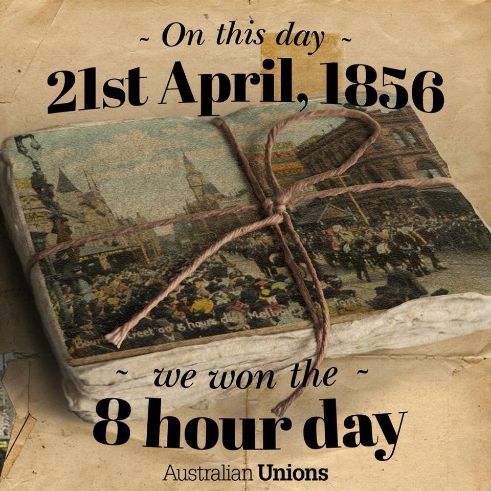 IEUNSWACT's tweet photo. ✊On 21 APR 1856 stonemasons in Melbourne walked off the job in protest over their employer's refusal to accept their demands for reduced working hours. 

From this action union members won the #EightHourDay.

Today, unions continue to fight for a better future for all workers.✊ https://t.co/2Nye4yXCMW