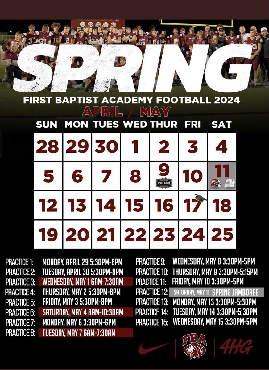 2024 Spring Schedule- Come Check me and my teammates out! First Baptist Academy Naples FL- 2028 6’1 175 QB ! @stevequinnFBU @Coach_Brady @JalanSowell