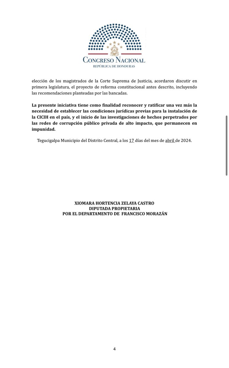 Presenté ante el Pleno del @Congreso_HND, Ley Especial para la CICIH, que le dota de figura jurídica como Querellante Autónomo y facultades de Acusador Privado, para el combate a las redes de corrupción público- privada que saquearon el Estado. Adjunto Exposición de Motivos y…