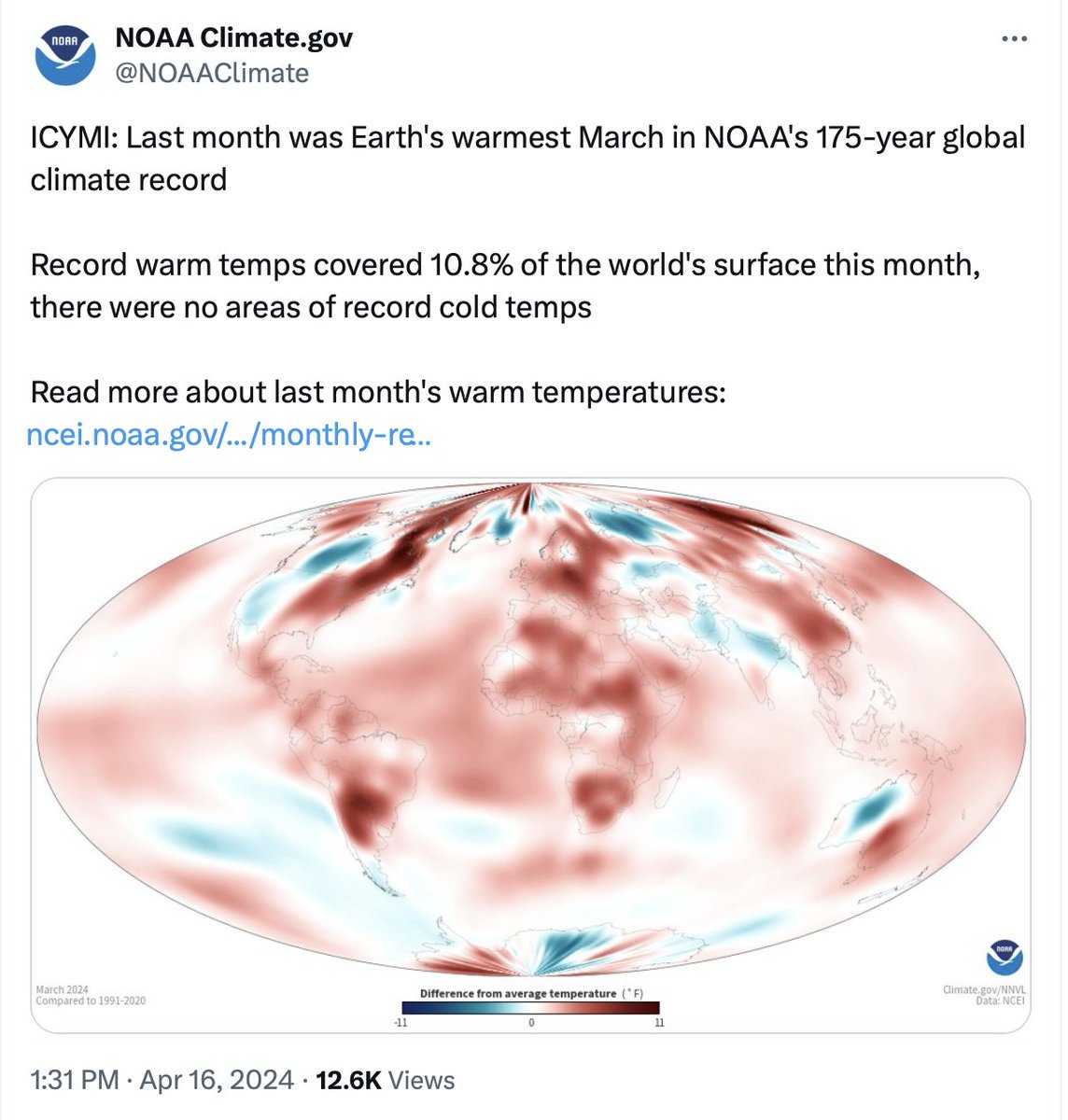 Today's @NOAAClimate lying:

1. NOAA claims March 2024 was the warmest March because it supposedly was 0.01°C warmer than March 2016.

2. But 96% of NOAA's US temperature stations are not sited well and not accurate to with 1°C -- two orders of magnitude larger than the claimed…