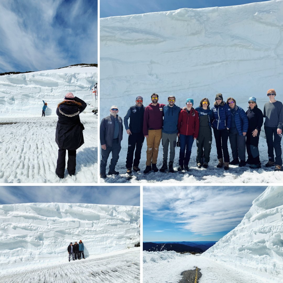Mt. Washington Auto Road has begun clearing the road to the summit, which means it's time for the annual snow wall photo! During our shift change, Observatory staff posed with the Cragway Drift snow wall this morning (upbound crew) and afternoon (downbound crew). #NHwx #NH #snow