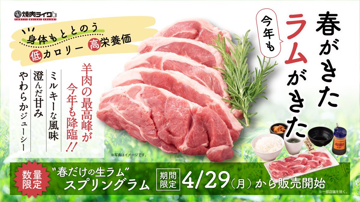 【予告】4/29(羊肉の日)から6/15まで「スプリングラム」のメニューを販売します。「臭みが無く、食べやすい」「柔らかくて美味しい」など多数のお客様から高い評価を受けた、高品質な羊肉をぜひ今年もお気軽にご堪能ください。 prtimes.jp/main/html/rd/p… #羊肉の日 #ラム #焼肉 #焼肉グルメ #焼肉ライク