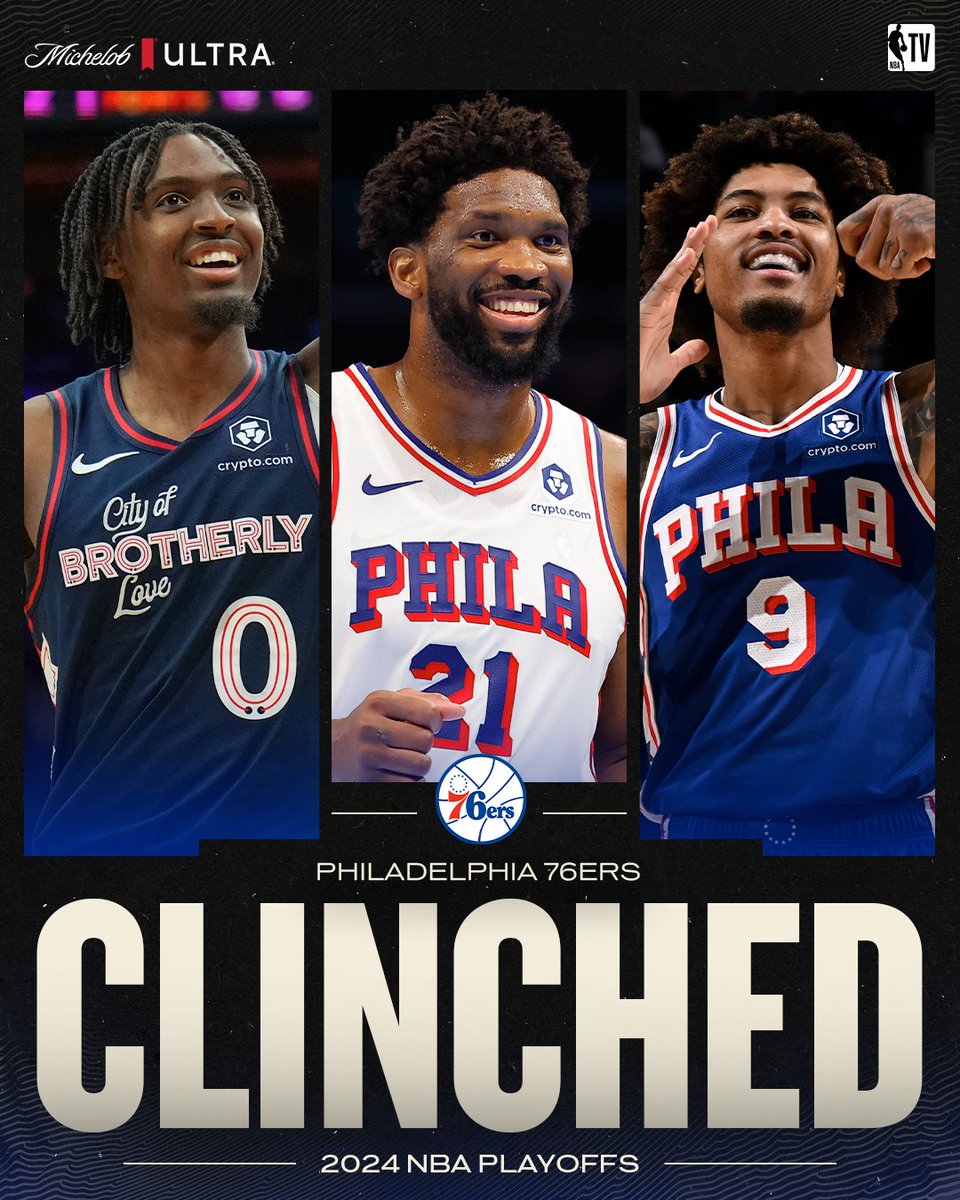 NBATV's tweet photo. PLAYOFFS CLINCHED 🔒

The @sixers officially clinch the #7 seed in the East! https://t.co/FEmOvqpAlf