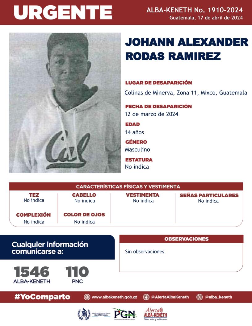 #AlertaAlbaKeneth⚠️ | Johann Alexander Rodas Ramírez, de 14 años, desapareció el 12 de marzo de 2024, en zona 11 de Mixco. 🔁 Comparte y ayúdanos con su localización. 📞 Si tienes información llama al 1546.