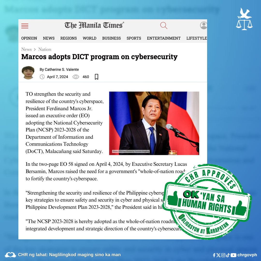 'Strengthening the security and resilience of the PHL cyberspace is one of the key strategies to ensure safety and security in cyber and physical spaces under the PHL Development Plan 2023-2028,' the President said in his order. manilatimes.net/2024/04/07/new… #ObligasyonAtKarapatan