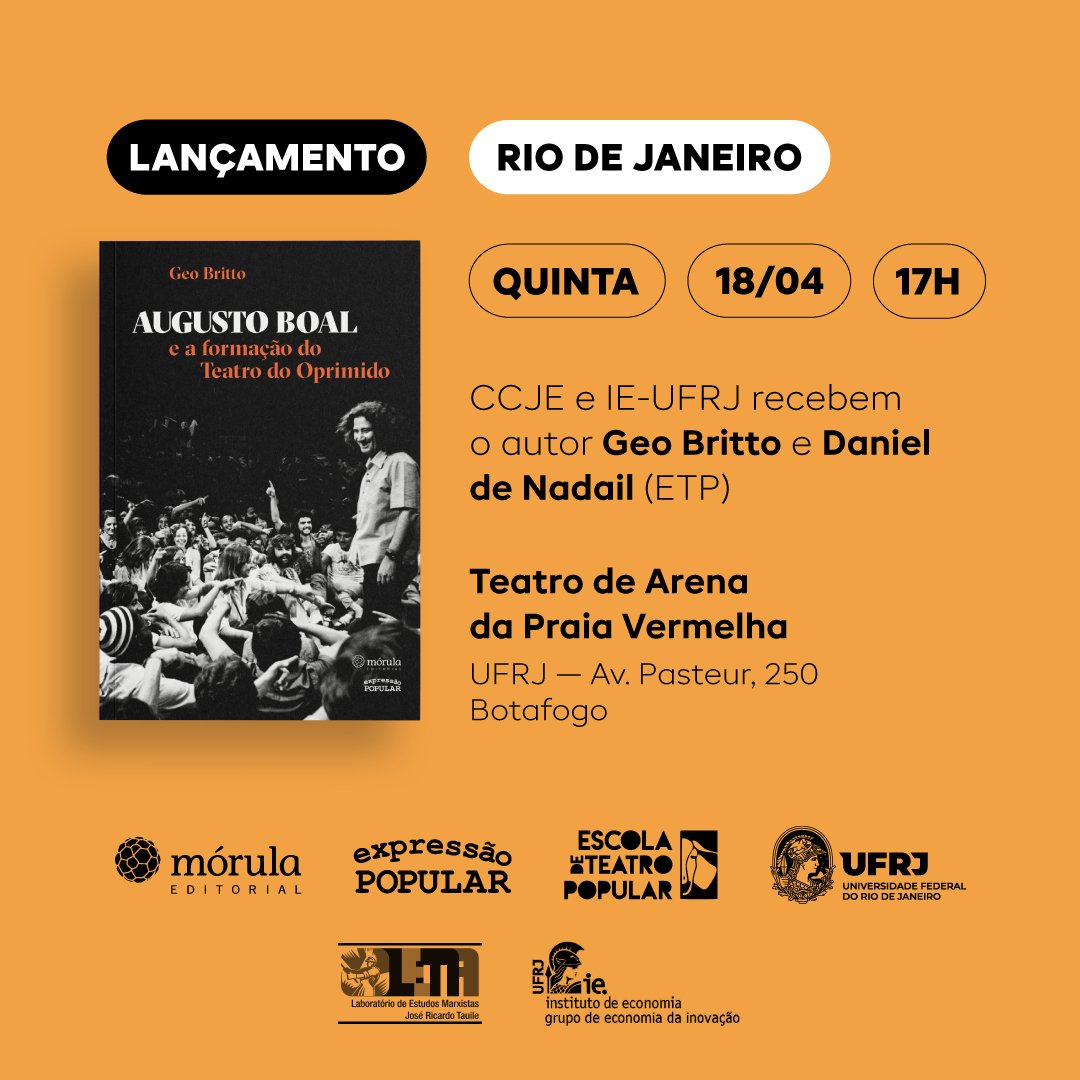 Amanhã tem mais um lançamento de “AUGUSTO BOAL E A FORMAÇÃO DO TEATRO DO OPRIMIDO”, de <a href="/GeoBritto/">Geo Britto</a>. <a href="/MorulaEditorial/">Mórula Editorial</a> e <a href="/expressaopop/">Expressão Popular</a>

Quinta-feira (18/04) às 17h no Teatro de Arena da Praia Vermelha, com a presença do autor e de Daniel de Nadail!
#TeatroDoOprimido #UFRJ