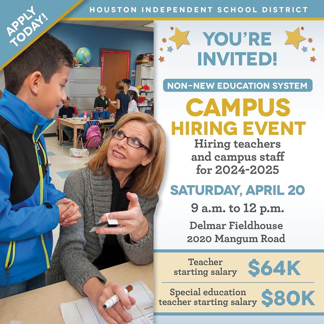 🍎 Calling all K-12 SPED educators! 📚 Join us at Houston ISD’s campus hiring event on April 20 at Delmar Fieldhouse. Hiring Principals will be in attendance, conducting interviews and making job offers onsite. Register to attend here: bit.ly/3Jie5Vw