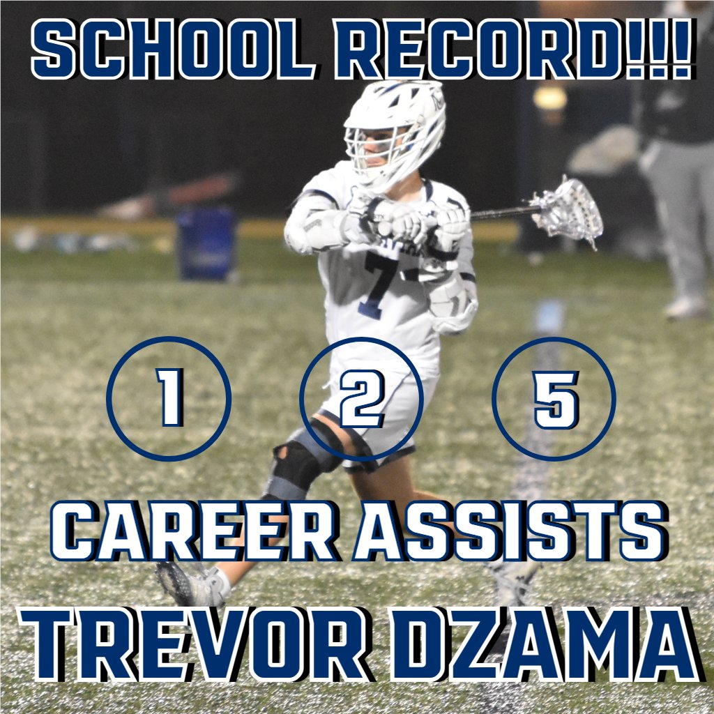 RECORD BROKEN!!! Trevor Dzama does it again, this time breaking the school record for career assists! Dzama now stands at 125 career assists, breaking the school record of 124, after having five assists in tonight's game against Drew. #HoundEm @LaxHounds
