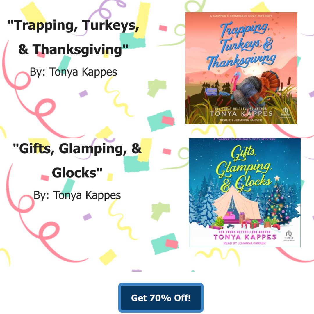Hey y'all!! Looks what's on sale right now in audiobook!! 70% off!!! Here's the link! Go grab them!! GIFTS, GLAMPING, & GLOCKS: bit.ly/4aZteqB TRAPPING, TURKEYS, & THANKSGIVING: bit.ly/4d3zj7u #bookstagram #bookish #BookishLife #AUDIOBOOKS