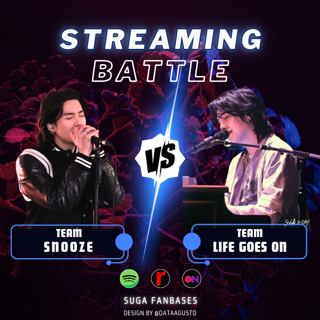 💥SNOOZE vs LIFE GOES ON STREAMING BATTLE💥

The party has started🔥 Hype your team hashtag!

#Team_Snooze
#Team_LifeGoesOn

Winner:
1. The most liked playlist
2. The most total streams on Rene

D-DAY ANNIVERSARY GOALS
#1YearWithDDay
#SUGA #슈가 #AgustD
