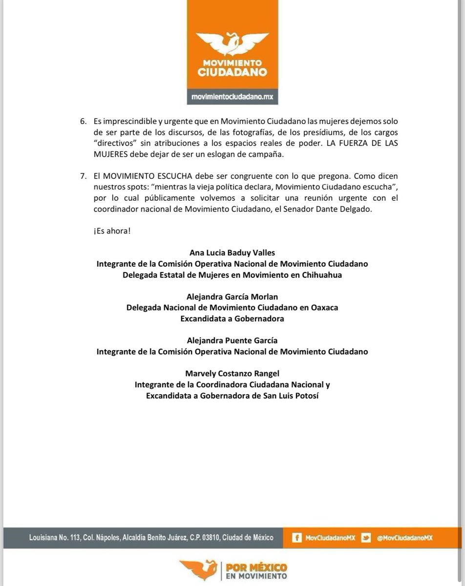 🚨COMUNICADO IMPORTANTE En seguimiento a la carta entregada el 7abr, dirigida al Coordinador Nal de @MovCiudadanoMx, y de la cual no hemos recibido respuesta;en consenso, las firmantes decidimos hacer público los puntos a tratar con la dirigencia nacional #NiCalladasNiSumisas