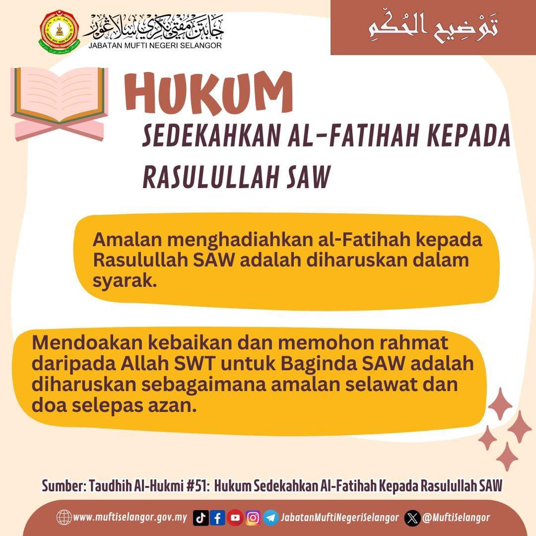 #51 Taudhih Al-Hukmi :  Hukum Sedekahkan al-Fatihah Kepada Rasulullah SAW

Baca Lanjut : muftiselangor.gov.my/2024/04/18/50-…