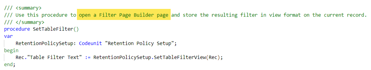 365_developer's tweet photo. @KeptyCZ @duichwer There is a procedure SetTableFilter for public facade but it opens Filter Page Builder. 

Codeunit "Retention Policy Setup" (and a few others) does not expose the field through AL. 

Is there any alternative? https://t.co/hauXRmHq0p