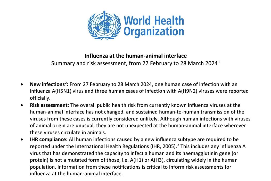 'The overall public health risk from currently known influenza viruses at the human-animal interface has not changed, and sustained human-to-human transmission of the viruses from these cases is currently considered unlikely' 👉cdn.who.int/media/docs/def…