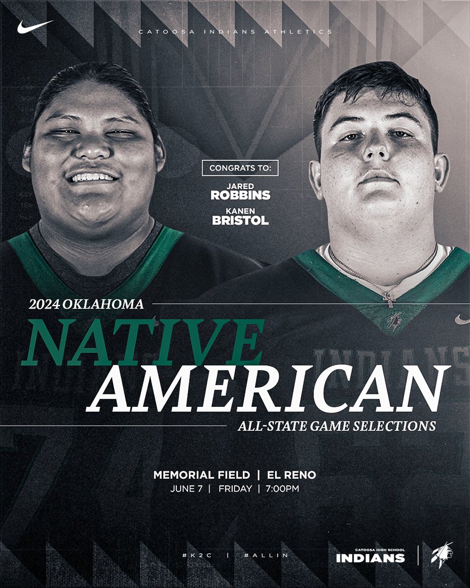 CatoosaFootball's tweet photo. Congratulations to Jared Robbins (Navajo) and Kanen Bristol (Cherokee) for being Selected Oklahoma Native American All state! #ALLIN https://t.co/JgwweDV1XC