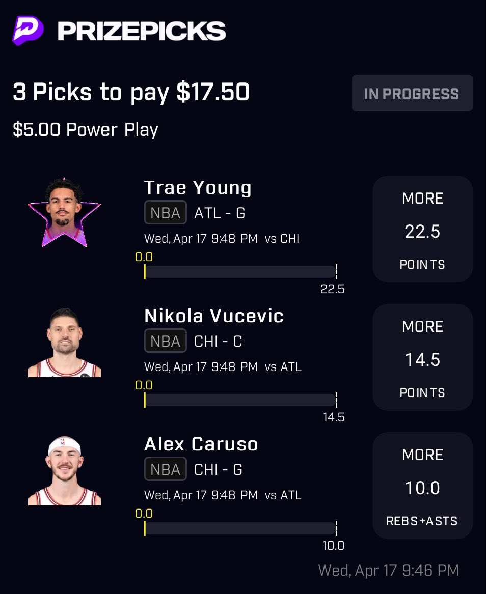 Alright gang here’s the play for tonight’s play-in game between the Hawks and Bulls with my pals at ⁦@PrizePicks⁩. Let’s ride. Use promo code 1075GAME for a deposit match up to 100 big ones 🏀 

prizepicks.onelink.me/gCQS/shareEntr…