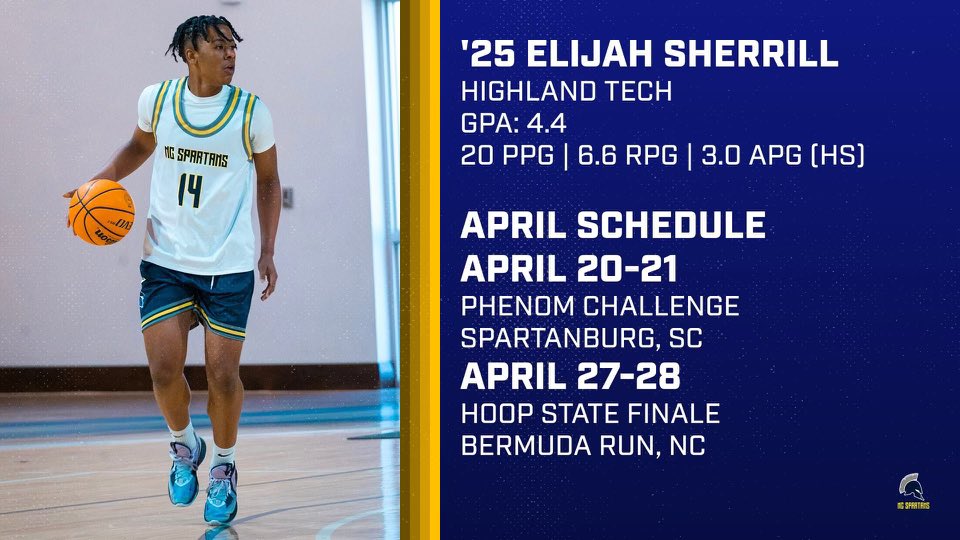 Elijah Sherrill needs to be on the radar of DII/DIII high-academic schools! Averaging 20ppg & 6.6rpg. Will miss half of the tournament this weekend due to a leadership conference he is attending at Wake Forest University. Books before Ball! @elijah_sherrill | #LikeASpartan