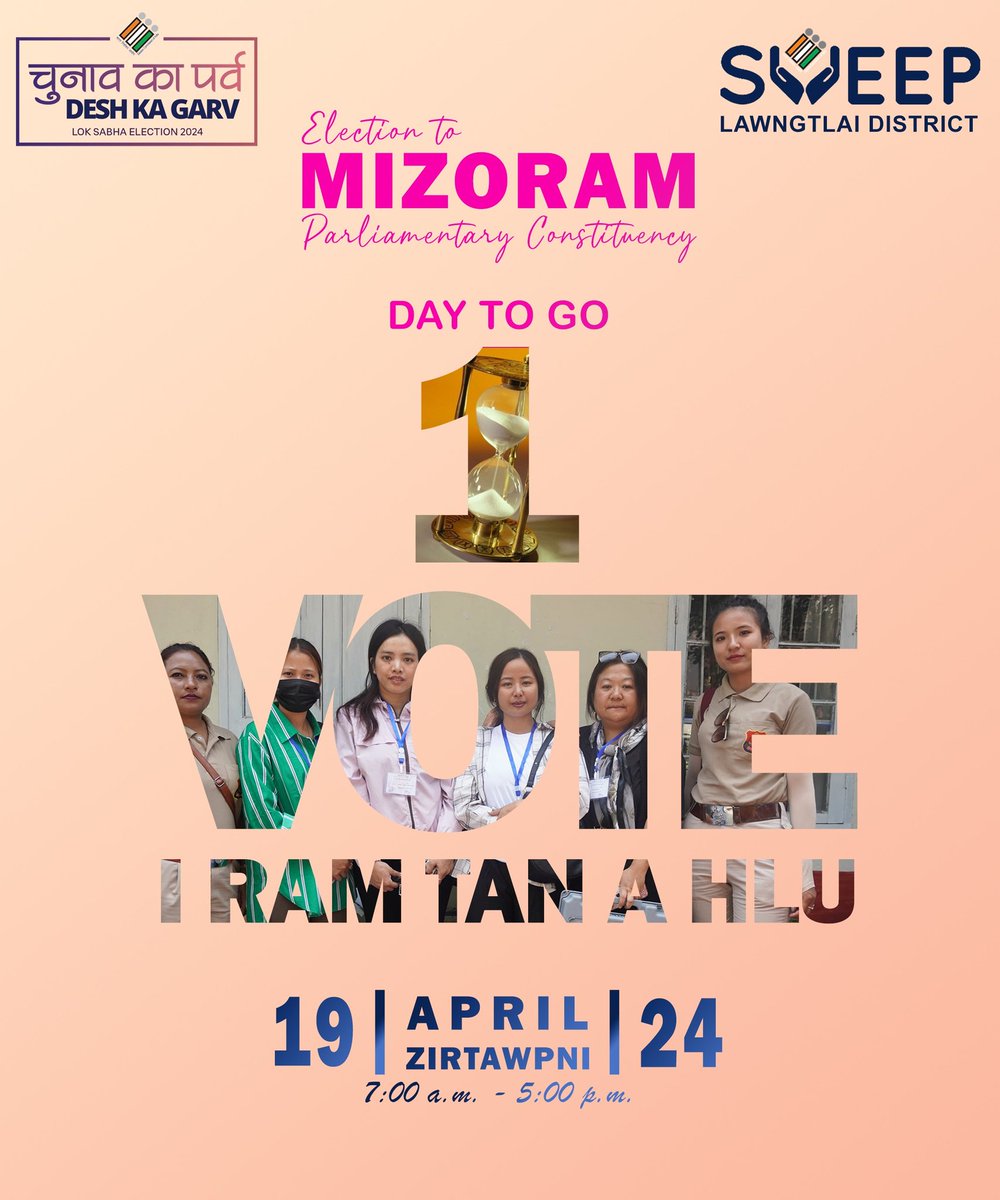 Only #1daytogo for #loksabha2024_mizoram. Ready to #vote?
#chunavkaparv #DeshKaGarv #ceomizoram #lawngtlai #sveep