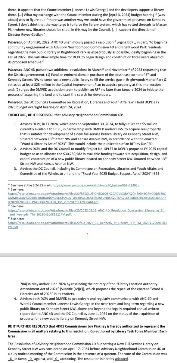 Thank you ANC 4D for unanimously passing a resolution tonight calling on @dcpl to utilize $5 million in FY24 funds to acquire a site for a new public library on Kennedy St. NW & urges the DC Council to amend the FY25 BSA to prevent the repeal of the Ward 4 Libraries Act of 2023!