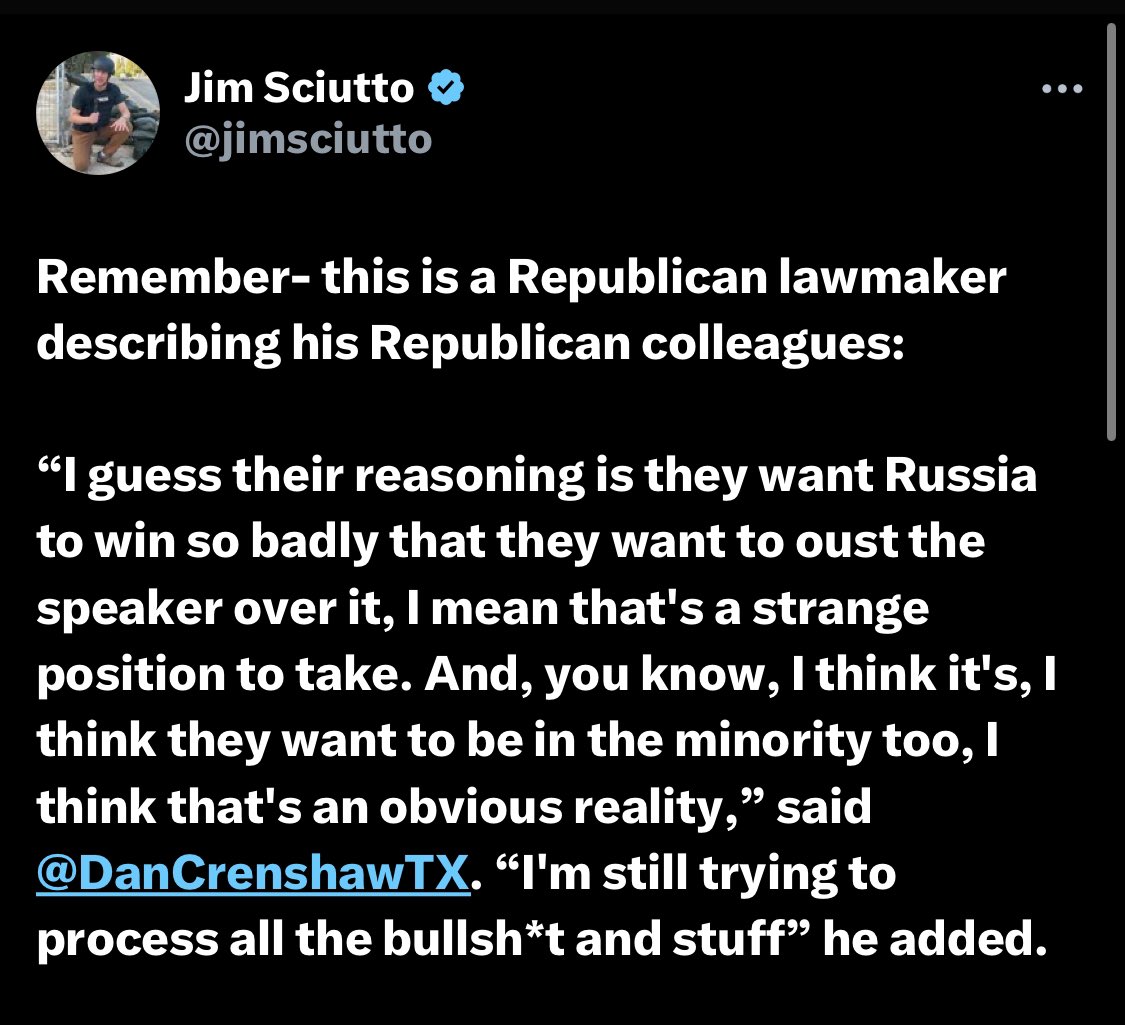 🚨Congressman Dan Crenshaw (R-TX) confirms what many have long believed: Some of his Republican colleagues want Russia to defeat Ukraine. @jimsciutto