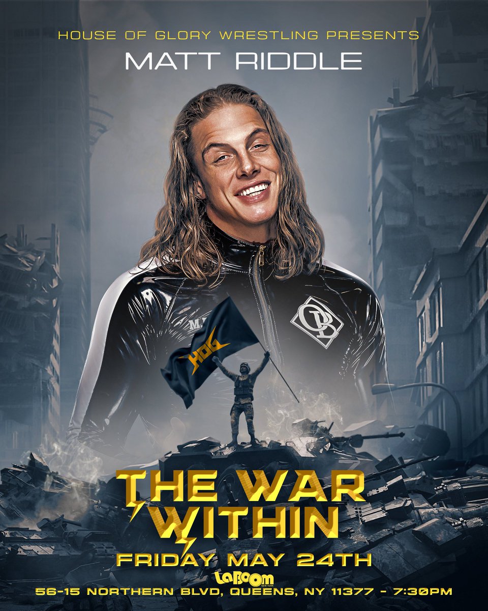 HOGwrestling's tweet photo. 🚨BREAKING NEWS🚨

BRO! BRO! BRO!

Matt Riddle returns to HOG on Friday May 24th at #THEWARWITHIN 

Live from LA BOOM in NYC and on PPV through @FiteTV + 

Tickets Available ⬇️ @SuperKingofBros 
https://t.co/p6iRgTwMiL https://t.co/30KQjs9Nq2