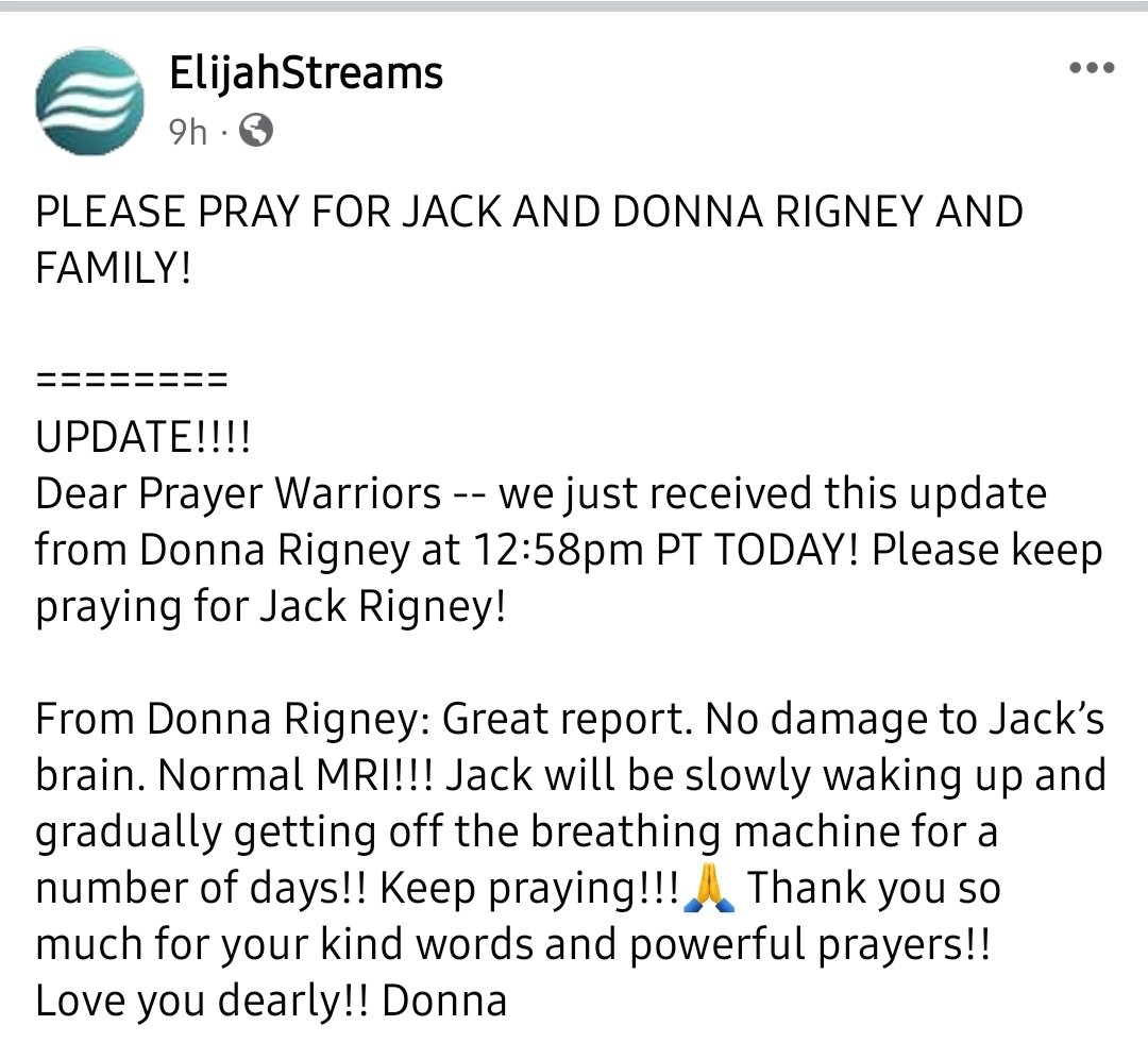 Praise the Lord! Our prayers are working! Jack has normal brain function. We're calling him back to full life in Jesus' name! 🙏