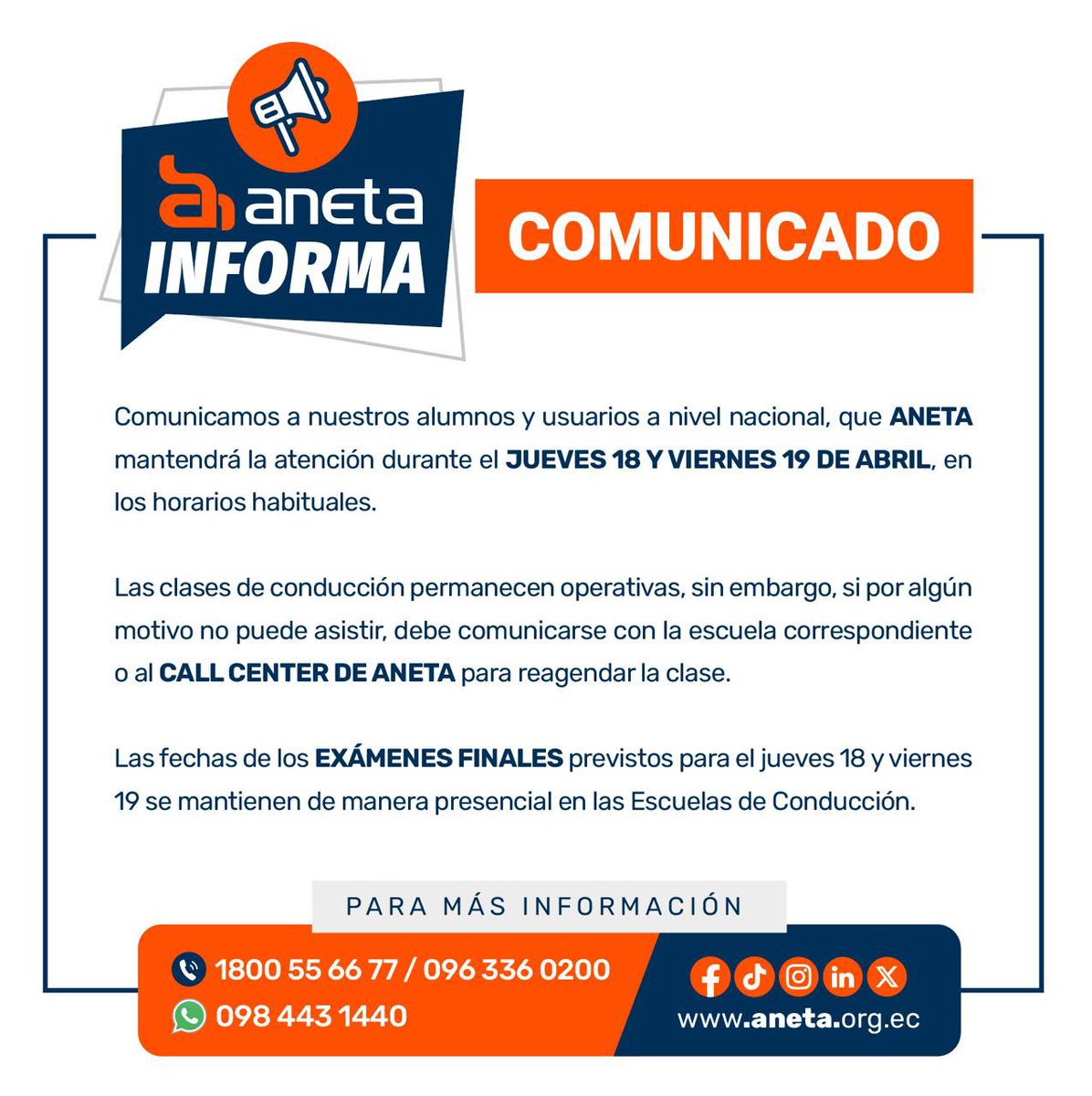 📌 #Comunicado / Aneta atenderá normalmente los días 18 y 19 de abril.