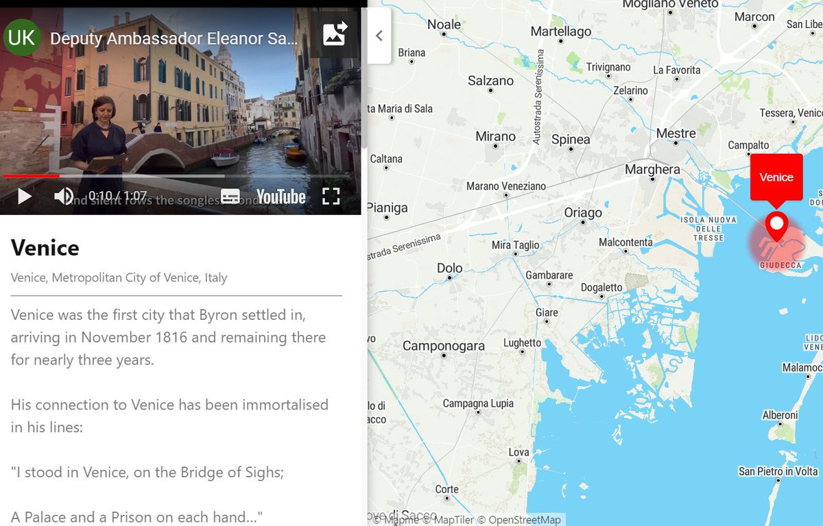🇬🇧🇮🇹 Coming up next on our interactive map of Lord Byron’s travels across Europe: #Venice! 🇬🇧🇮🇹 Follow this link to learn more about Byron’s impressions of Venice: viewer.mapme.com/7df7d2b6-1fdc-… With thanks to @UKinItaly, @UKinItalia & @Keats_Shelley. @UKMissionGeneva @ukingreece