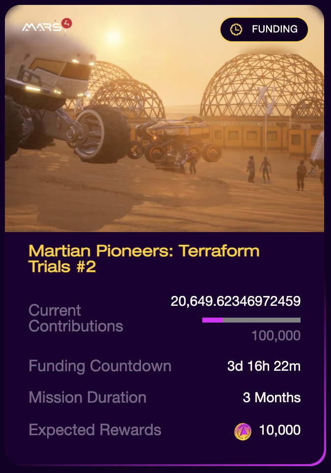 Ready up Martians 👽

Our next Mission Pool, featuring <a href="/mars4_me/">MARS4_me</a>, is now live in the Funding stage!

Expected Reward: 10,000 $xARC (cc: $ARC)