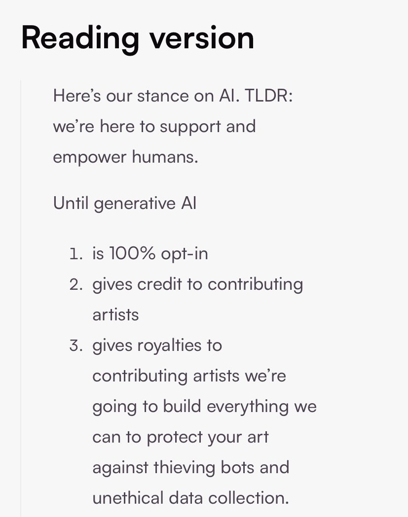 Vgen、この間知ったけどこのコミッションサイトも生成AIについてはこんな感じの方針(100%オプトインで対価が支払われる生成AIがデフォになるまで禁止)なので日本でも流行ってほしいと思いました