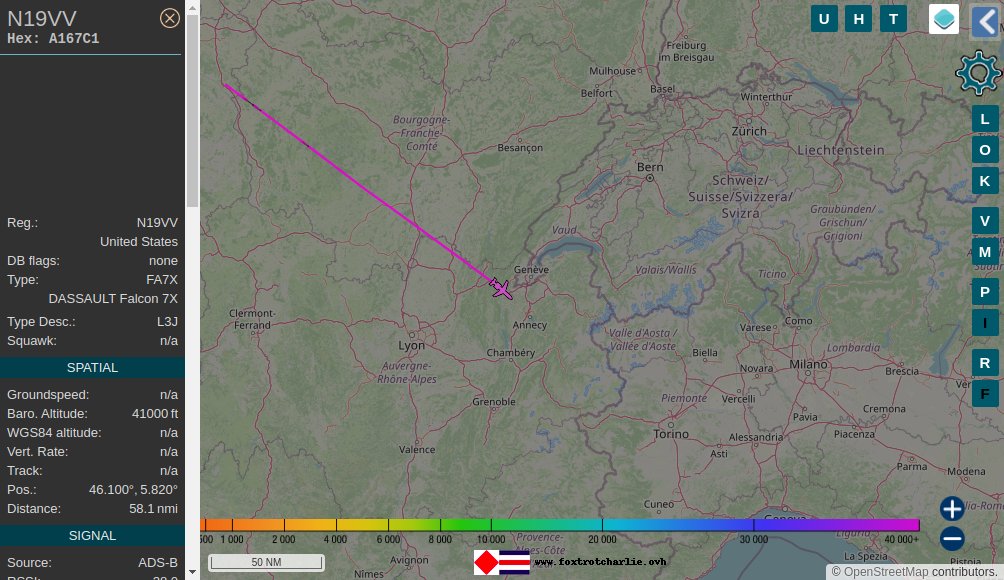 New Aircraft Dassault Falcon 7X ✈️ flying in range of ChalonSurSaone receiver at 41025ft with tail N19VV ICAO code A167C1 UnitedStates 📡 foxtrotcharlie.ovh/aircraft