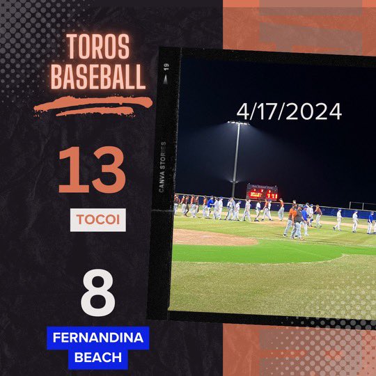 Toros improve to 17-4 after a 13-8 win at Fernandina Beach Chase Pate 4-5, 2 R, 2 RBIs Ayden Ramos 2-4 4 RBIs Andy Lemaster, Ben Robinson and Mikey Bergamo each had 2 hits. Brayden Harris 3 IP 2 ER Jack Svendsen 4 IP 1 ER. @CFreemanJAX @JustinBarneyTV @BrentASJax