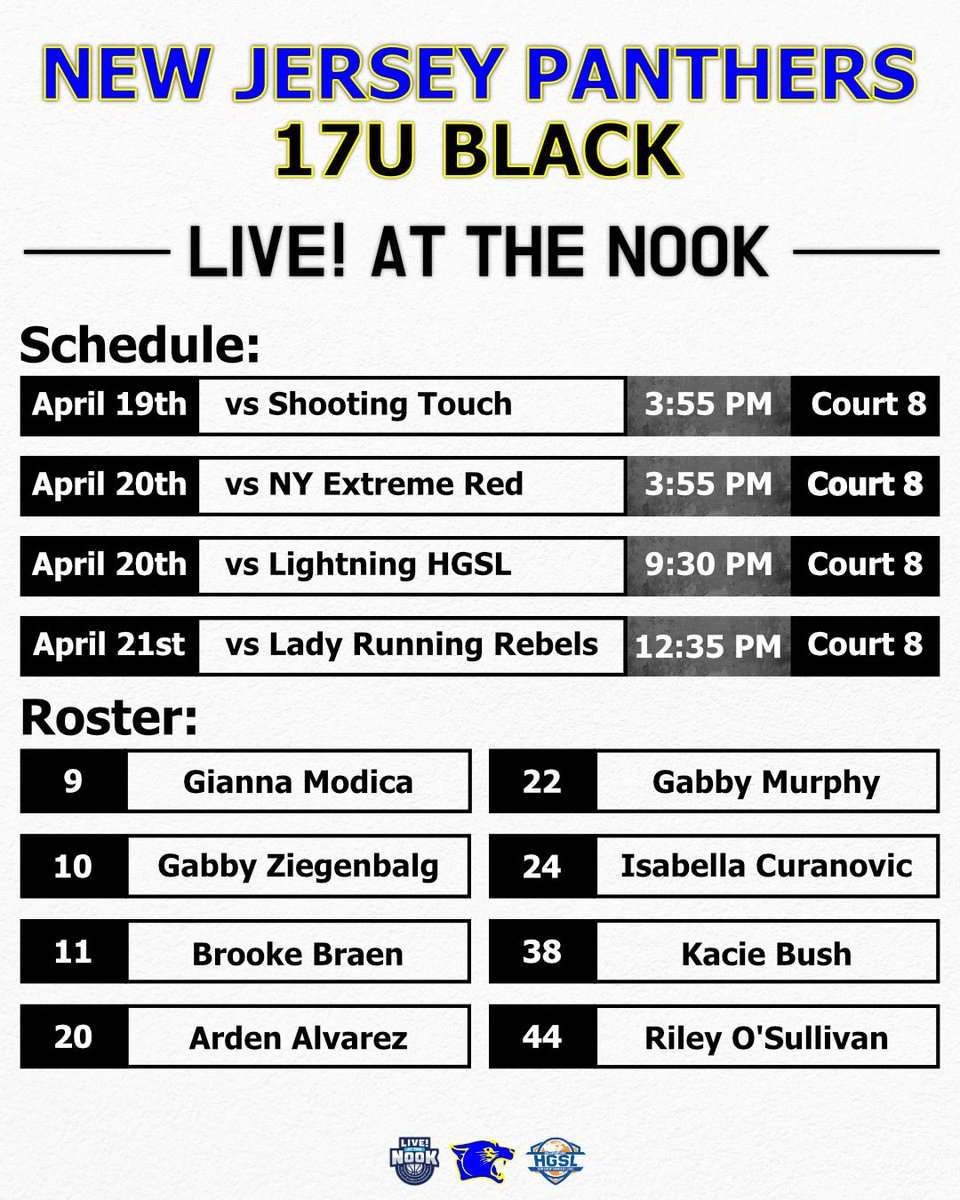 NJ Panthers (@nj_panthers) on Twitter photo Here is our UPDATED 17U Black schedule and roster! 💙💛 #earnit #njpdifferent <a href="/CoachJordanNJP/">Jordan Stites</a> <a href="/CoachZ_NJP/">Zakiya Beckles MAT, LAT, ATC</a> <a href="/CoachWeberbball/">Coach Weber</a> Here is our UPDATED 17U Black schedule and roster! 💙💛 #earnit #njpdifferent <a href="/CoachJordanNJP/">Jordan Stites</a> <a href="/CoachZ_NJP/">Zakiya Beckles MAT, LAT, ATC</a> <a href="/CoachWeberbball/">Coach Weber</a>