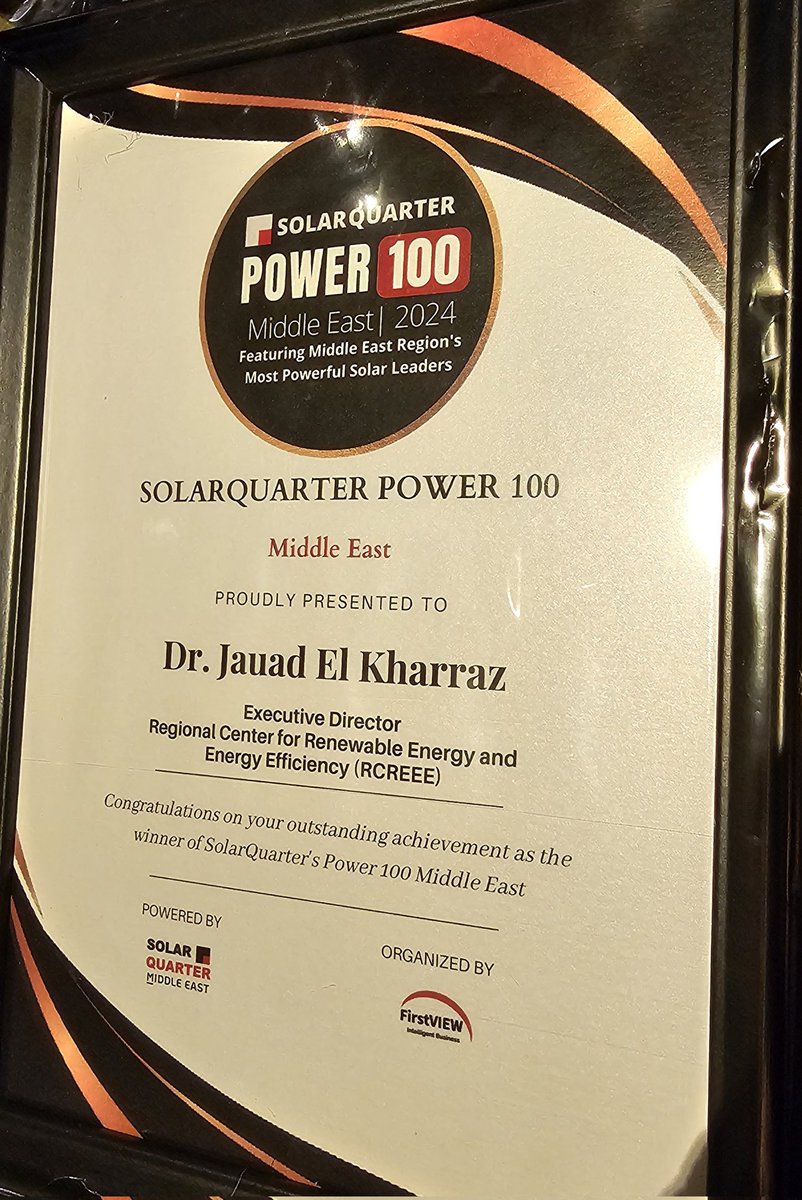 jauelk's tweet image. I was deeply honoured to receive this award and recognition for our work and leadership in #renewableenergy and #solarenergy
Big thanks to @SolarQuarter
I dedicate this award to my incredible team at @RCREEE and my lovely family
#SOLARQUARTER
#IRENA14A #WFES