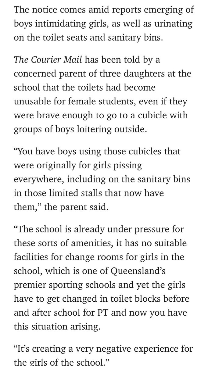🚨It is utterly disgusting that under  @StevenJMiles and his @QldGov, vulnerable teenage girls are being deprived of safe, clean, private single-sex toilets and change rooms at school in the name of “diversity and inclusion.”

❌Converting female toilets to “gender neutral” only…