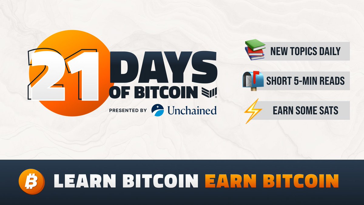BitcoinMagazine's tweet photo. Learn #Bitcoin, earn #bitcoin π
ποΈ 21 days of short educational emails
π Learn the Bitcoin fundamentals
β‘οΈ Earn 2100 sats upon completion
Enroll today! πβ‘οΈ https://t.co/rQ2j5mQQTc
#21DaysofBitcoin presented by @unchainedcom https://t.co/AnQwg86s4Q