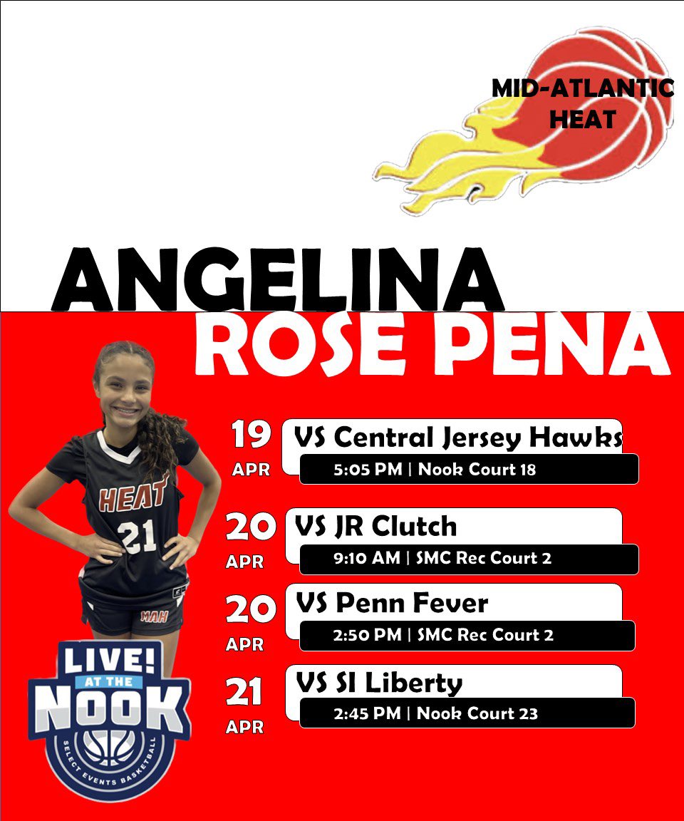 Excited for this weekend @SelectEventsBB “Live at the Nook”.  Here is my schedule…come check us out #MidAtlanticHeat #classof2027 #girlsbasketball #ballislife