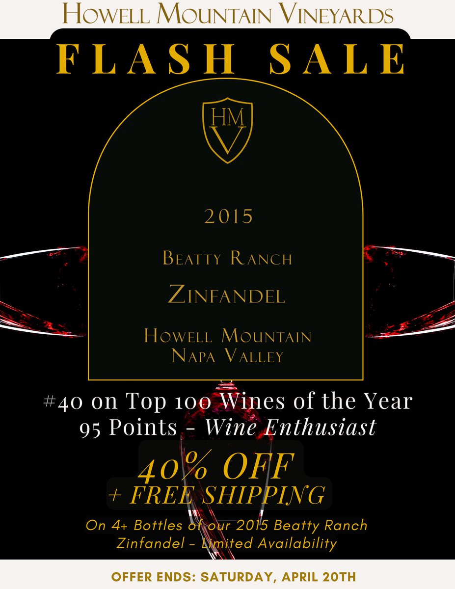 HowellMountainV's tweet photo. REMINDER - 40% Off + FREE ground shipping on our 2015 Howell Mountain Vineyards Beatty Ranch Zinfandel, awarded 95 points and named #40 on Wine Enthusiast's Top 100 List. Offer ends Sat, Apr 20th. Limited quantities available so order today: https://t.co/6NJ4Z7LBHg https://t.co/IRTp5QhbYC