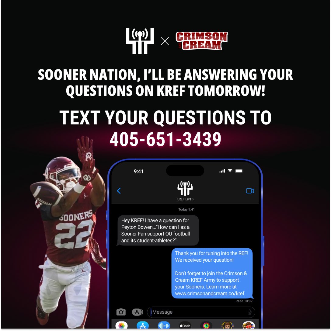 Sooner Nation! I’ll be a guest on @KREFSports tomorrow with @SteelyOnSports and @ParkerThune!    Be sure to tune in to 99.3FM/1400AM at 12:45 PM CST!  🏈   If you like what you hear, join the @CrimsonCreamNIL KREF Army! bit.ly/3Uwd6Yx