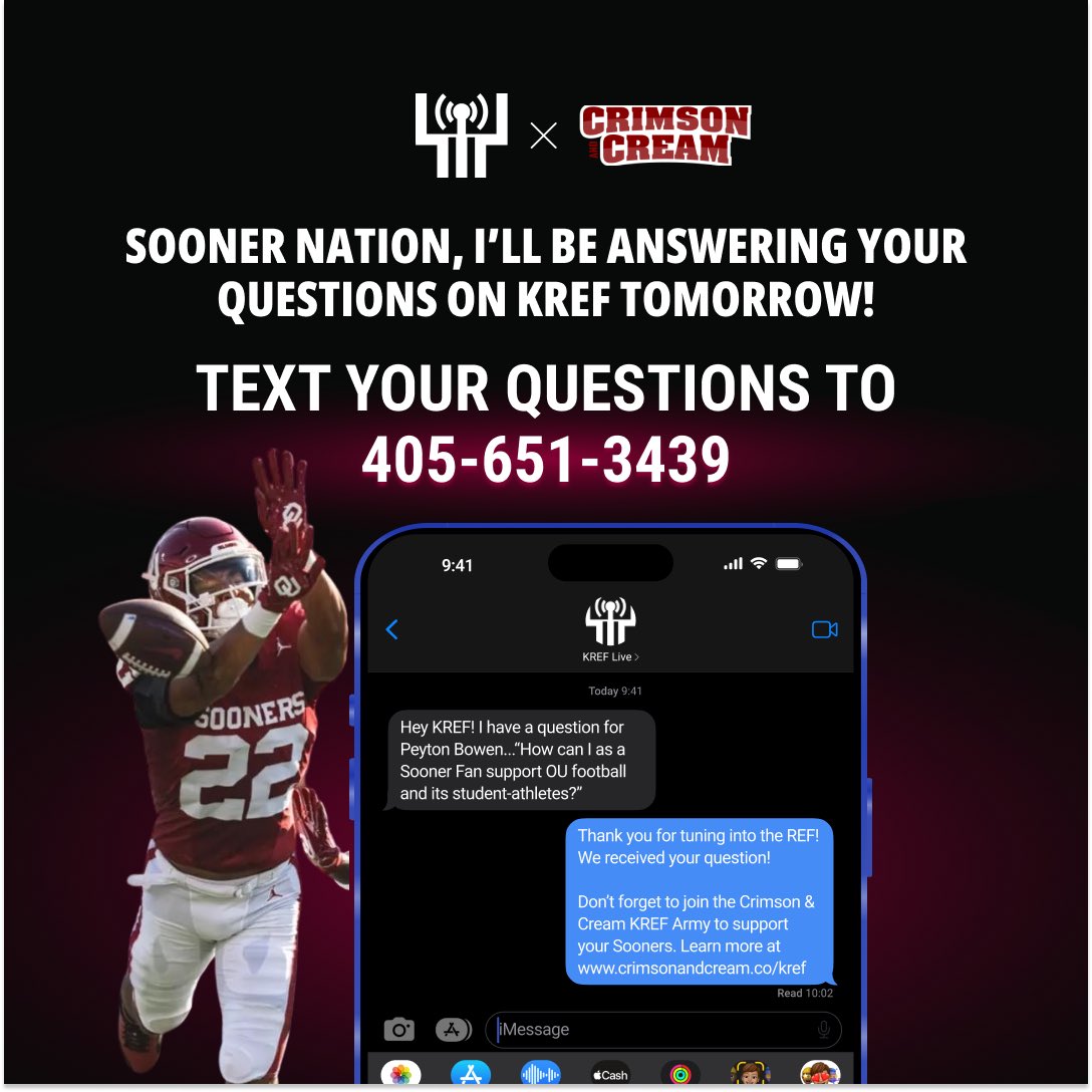 Peyton Bowen (@peytonbowen10) on Twitter photo Sooner Nation! I’ll be a guest on @KREFSports tomorrow with @SteelyOnSports and <a href="/ParkerThune/">Parker Thune</a>!
Be sure to tune in to 99.3FM/1400AM at 12:45 PM CST! 🏈
If you like what you hear, join the <a href="/CrimsonCreamNIL/">Crimson & Cream</a> KREF Army! bit.ly/3Uwd6Yx Sooner Nation! I’ll be a guest on @KREFSports tomorrow with @SteelyOnSports and <a href="/ParkerThune/">Parker Thune</a>!
Be sure to tune in to 99.3FM/1400AM at 12:45 PM CST! 🏈
If you like what you hear, join the <a href="/CrimsonCreamNIL/">Crimson & Cream</a> KREF Army! bit.ly/3Uwd6Yx