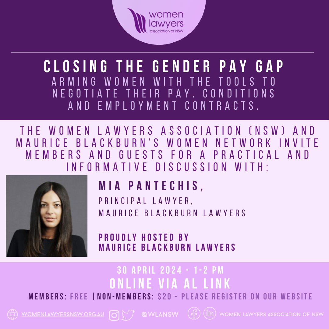 CLOSING THE GENDER PAY GAP - Arming Women with the tools to negotiate their pay. Conditions and employment contracts. 
FREE Online Only Member Event 
(Non-Members $20 each) 
Register on our website.
