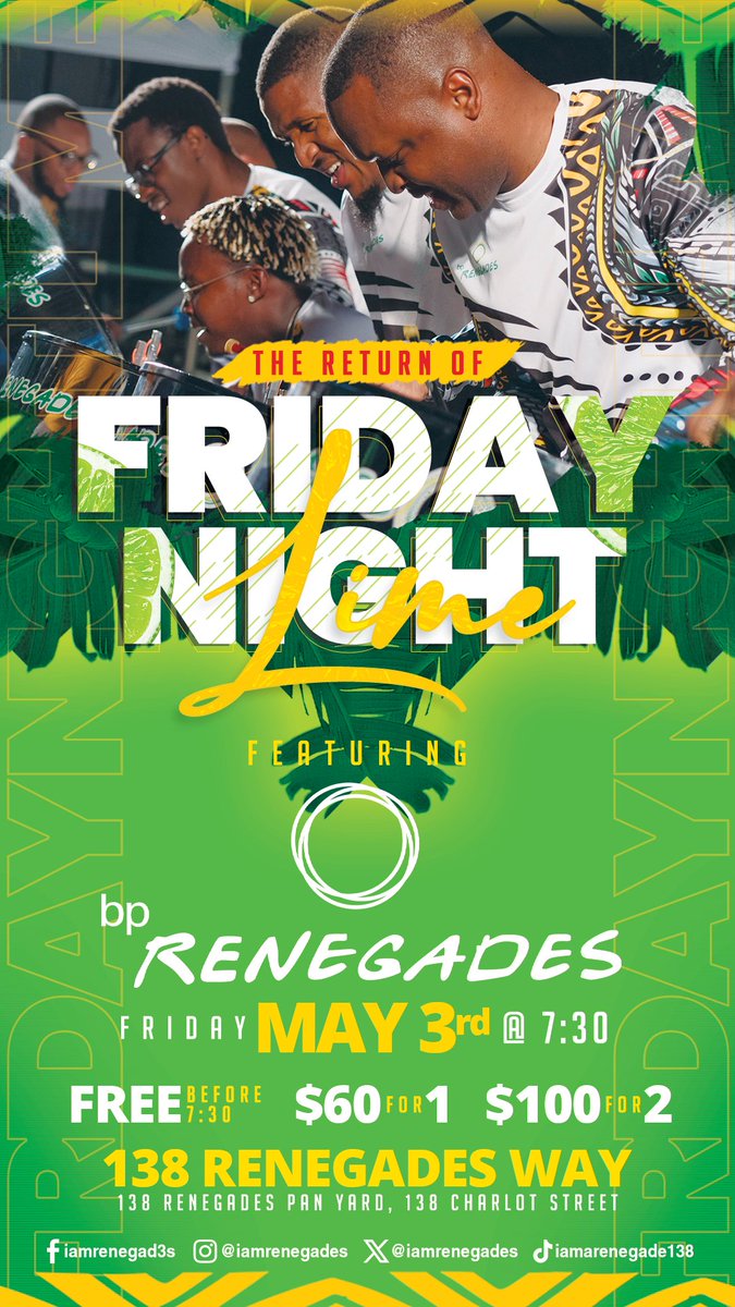 iamrenegades's tweet image. "Join us for the ultimate Friday night vibes at
'Friday Night Lime' presented by bp Renegades! 🎉🍹

Featuring your 2024 Panorama Champions
the bp Renegades

May 3rd @ 7:30pm
138 Renegades Way
Free b4 7:30pm
$60 for 1
$100 for 2

#FridayNightLime 
#BPRenegades 
#WeekendVibes"